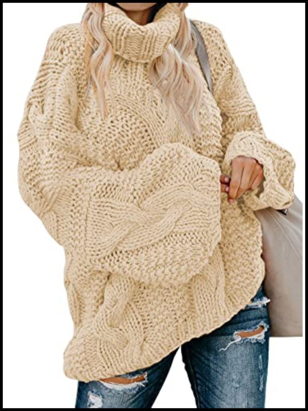 Chunky Cable Knit Turtleneck Sweater Oversized Cozy Pullover Winter Top